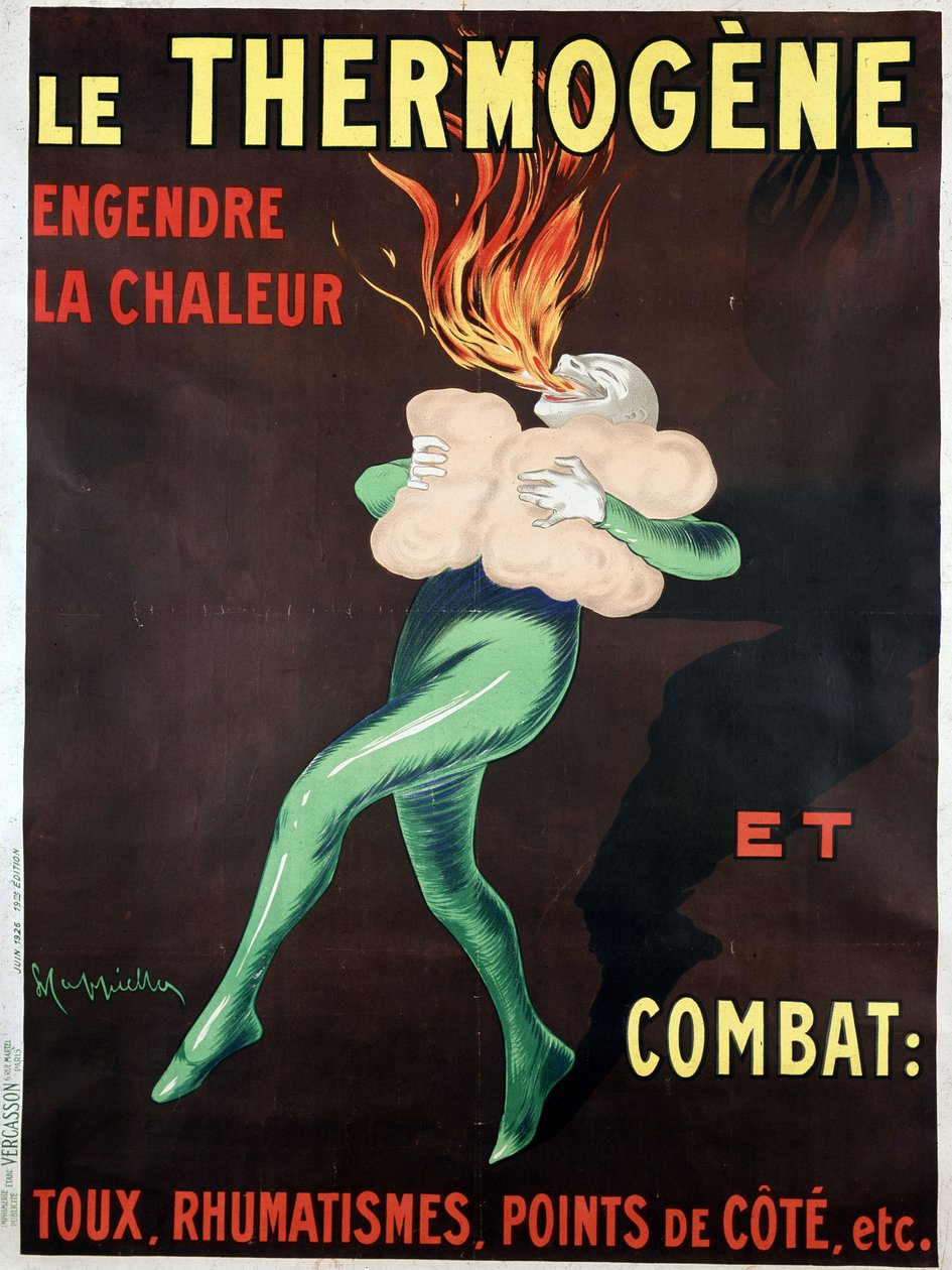A termogén hőt termel, és felveszi a harcot a köhögéssel, a reumával, az oldalsó pontokkal stb.: Leonetto Cappiello (1875-1942) plakátja alkotó: Leonetto Cappiello