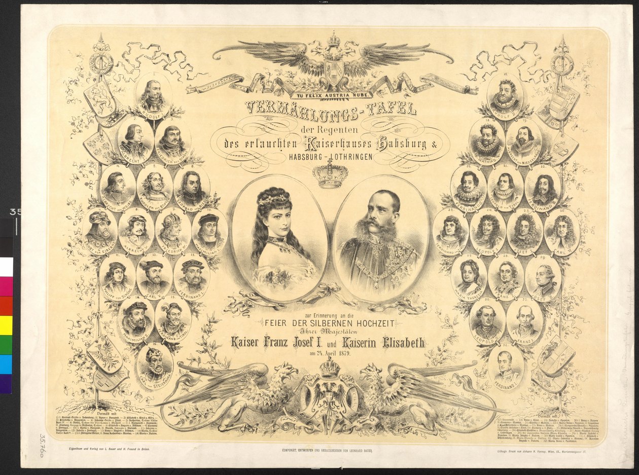 Ausztria császára és Erzsébet A Habsburg és Habsburg-Lotaringiai nemesi család régensének esküvői emléktáblája alkotó: Leonhard Bauer