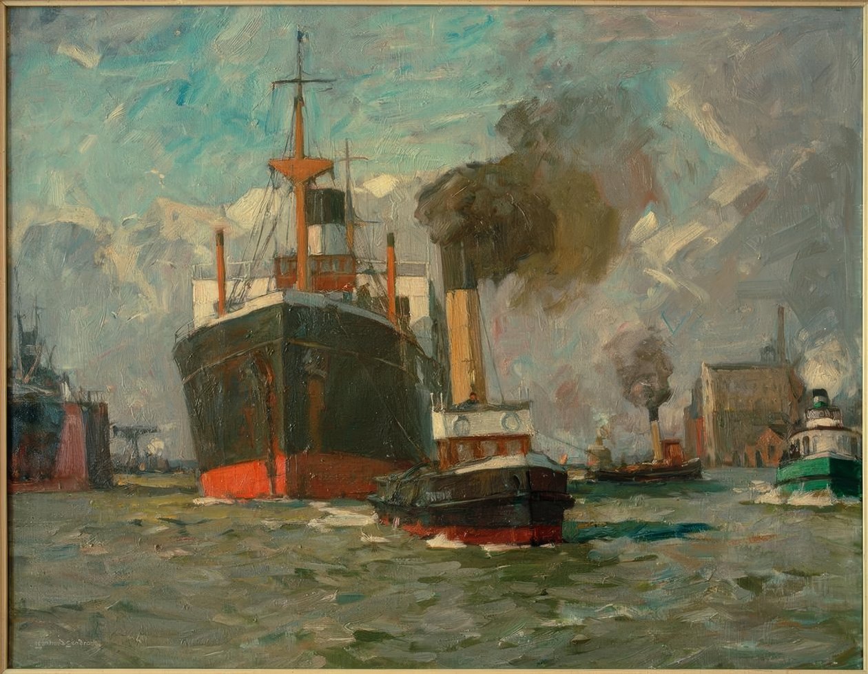Bejövő gőzhajó (Hamburg) alkotó: Leonhard Sandrock