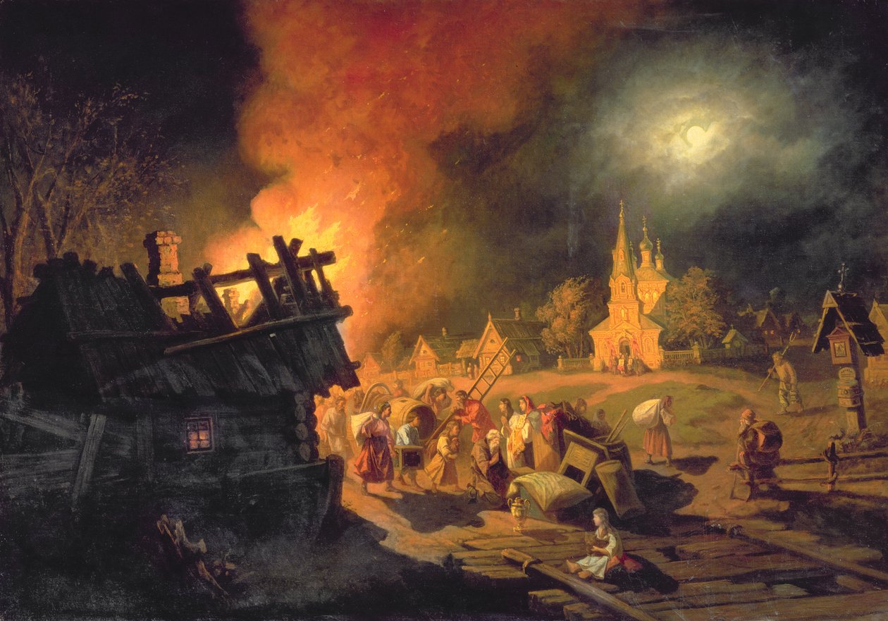 Tűz a faluban alkotó: Leonid Ivanovich Solomatkin