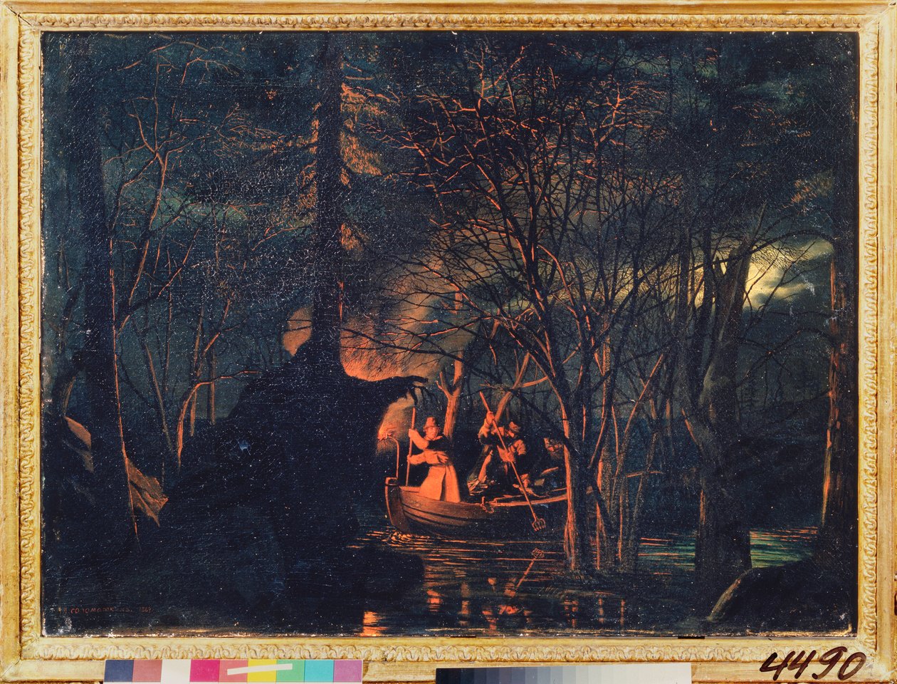 Éjszakai lándzsa horgászat. Leonyid Ivanovics Solomatkin (1837-1883) festménye, olaj, vászon alkotó: Leonid Ivanovich Solomatkin