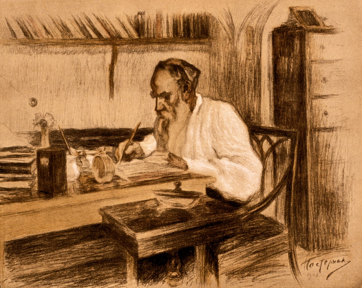 Lev Tolsztoj gróf a dolgozószobájában. 1908 (litográfia) alkotó: Leonid Osipovic Pasternak