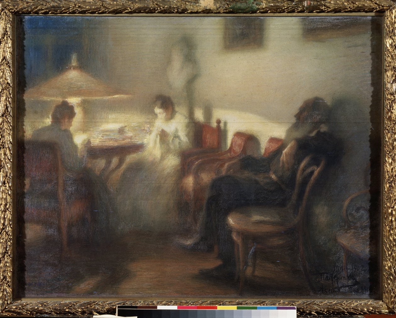 Leon Tolsztoj író (1828-1910) családjával Jasznaja Poljanában (A szerző Lev Tolsztoj családjával Jasznaja Poljanában). Leonyid Oszipovics Paszternak (1862-1945) alkotása, pasztell, papír alkotó: Leonid Osipovic Pasternak