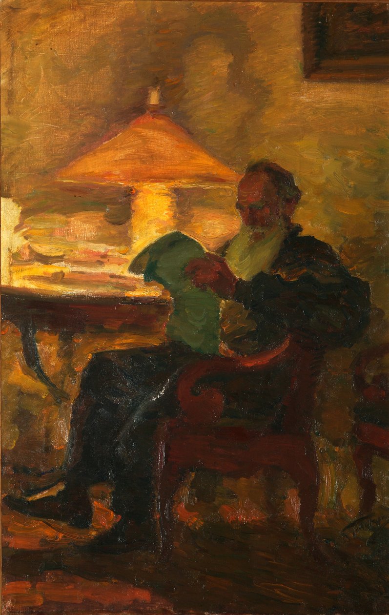 Lev Tolsztoj egy újsággal, 1901 alkotó: Leonid Osipovic Pasternak