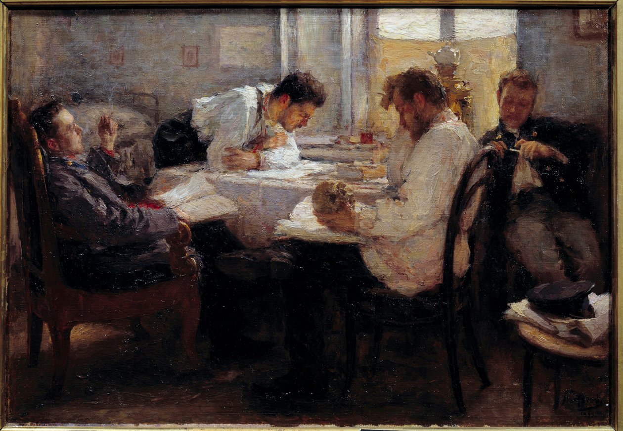 A vizsga előestéjén Diákok átnézik a vizsgákat. Leonyid Osipovich Pasternac (1862-1945) festménye 1895 V. 0,39x0,55 m Párizs, musee d