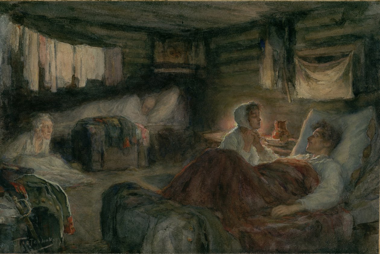 Natasa és a sebesült Andrej herceg Mitiscsiben. Illusztráció a Háború és béke című regényhez, 1893. alkotó: Leonid Osipovich Pasternak