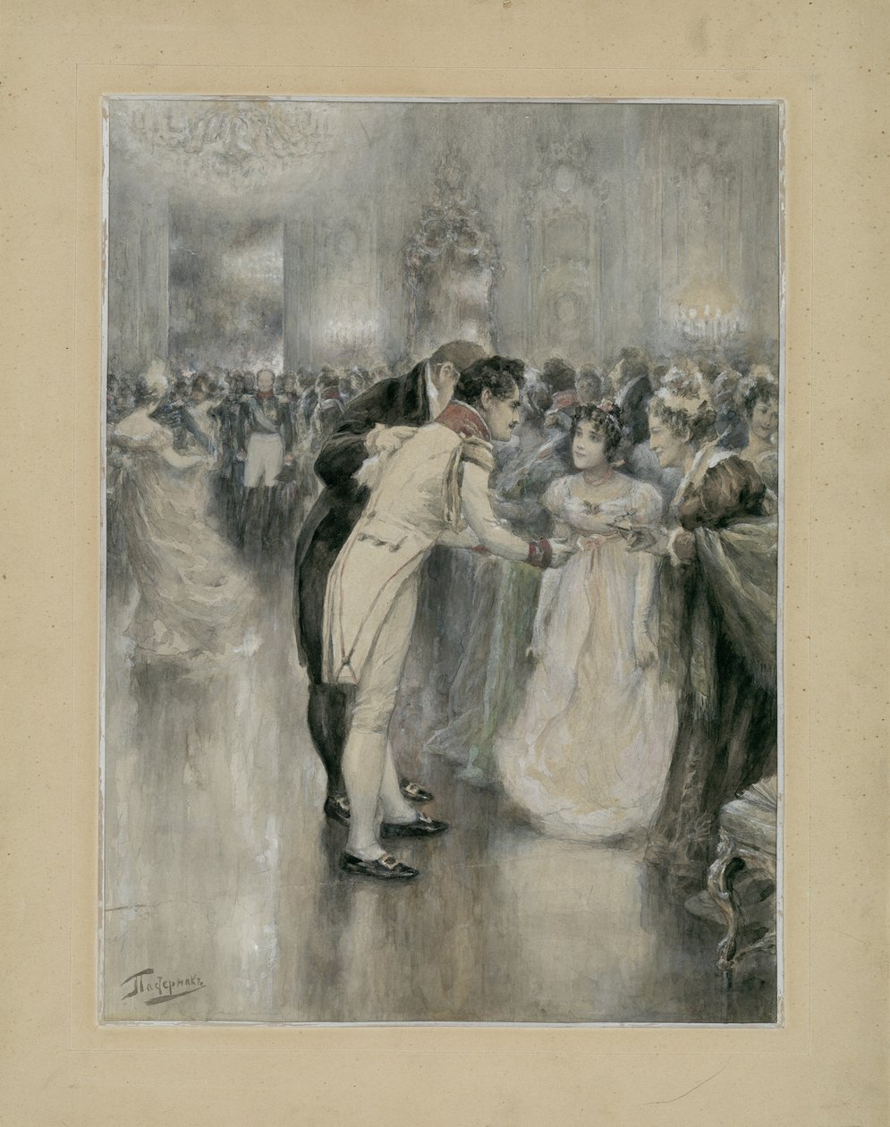 Natasha az első labdáján. Illusztráció Lev Tolsztoj Háború és béke című regényéhez, 1893. alkotó: Leonid Osipovich Pasternak