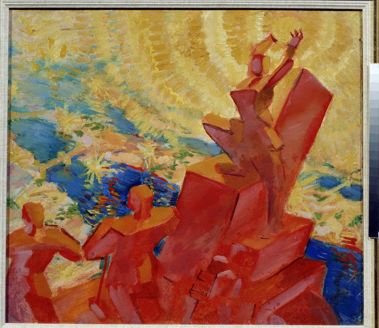 A napon (A naphoz). Színes táj az egyik alakkal, aki a napot tartja a kezében. Leonyid Terentlevics Csupjatov (1890-1941) festménye. Olajfestmény alkotó: Leonid Terentlevich Chupyatov