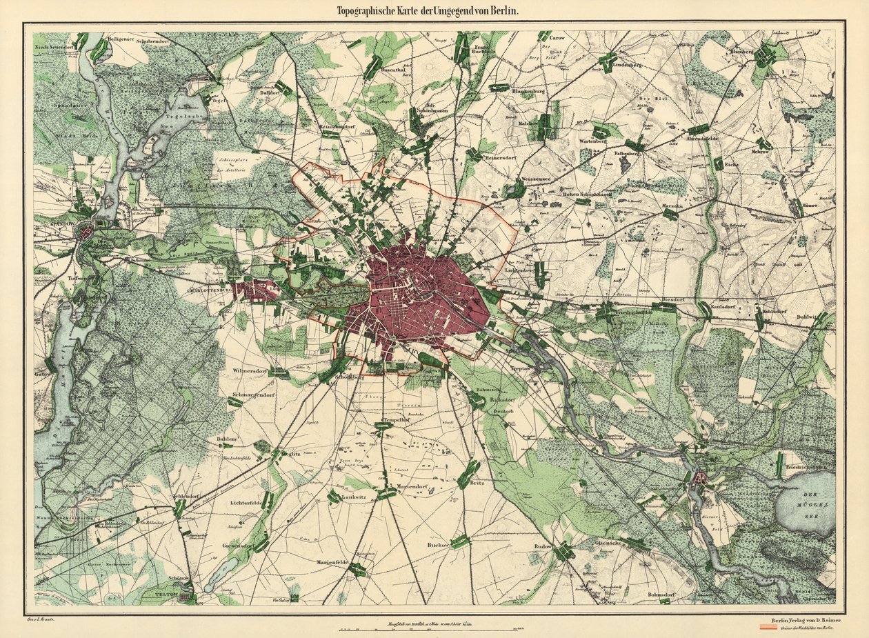 Berlin térképe, kiadó: D. Reimer Verlag, Berlin, 1871 (színes metszet) alkotó: Leopold Kraatz