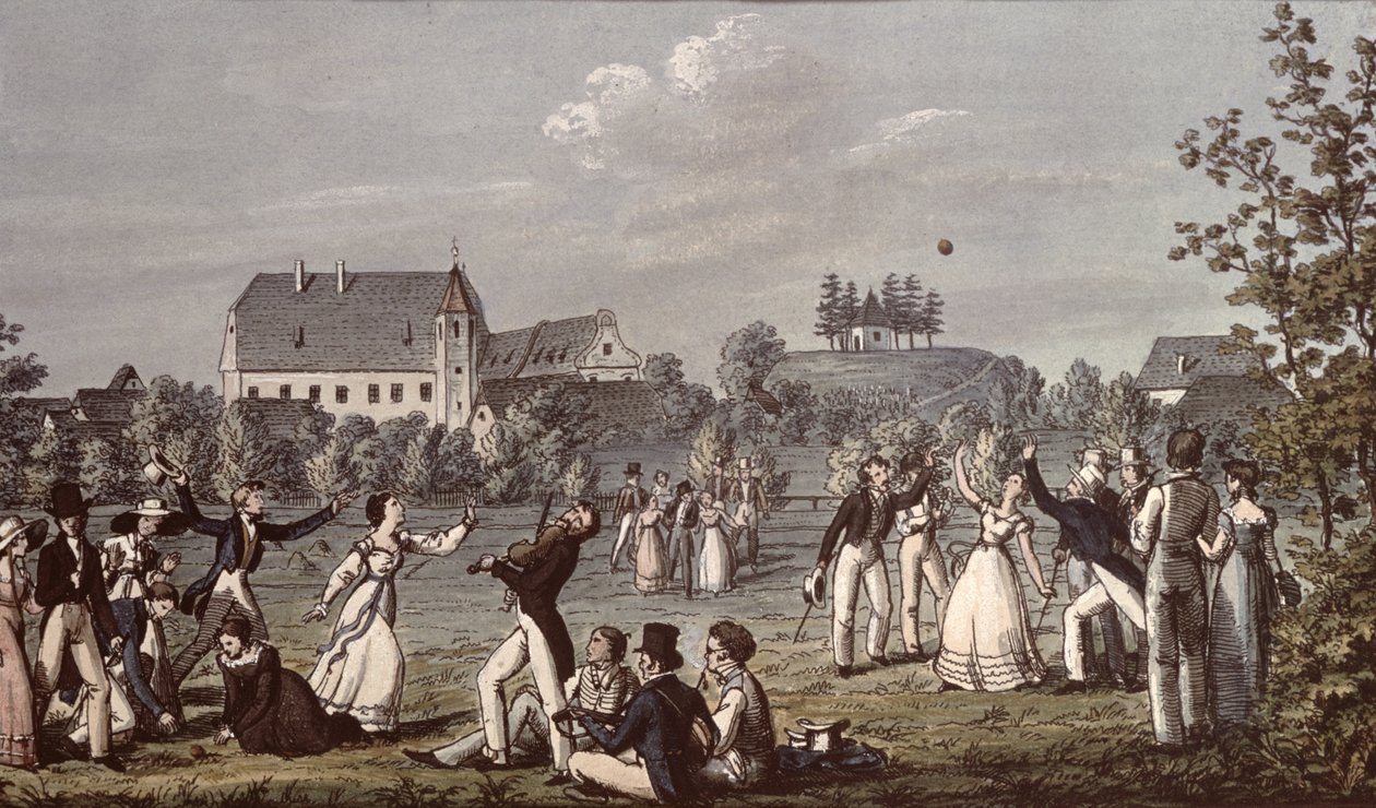 Labdajátékok Atzenbruggban, előtérben Franz Schubert (1797-1828) és barátai ülnek (toll és tinta, wc, papír) alkotó: Leopold Kupelwieser