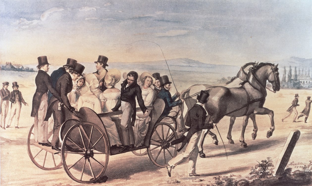 Schubertiak kirándulása Atzenbruggtól Aumuhlig, a bal oldalon Franz Peter Schubert (1797-1828) áll a művésszel, 1820 alkotó: Leopold Kupelwieser