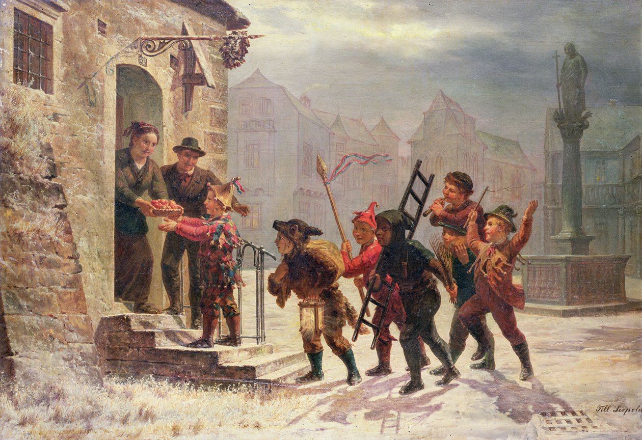 Gyümölcsöt gyűjtő gyerekek az ajtónál alkotó: Leopold Till