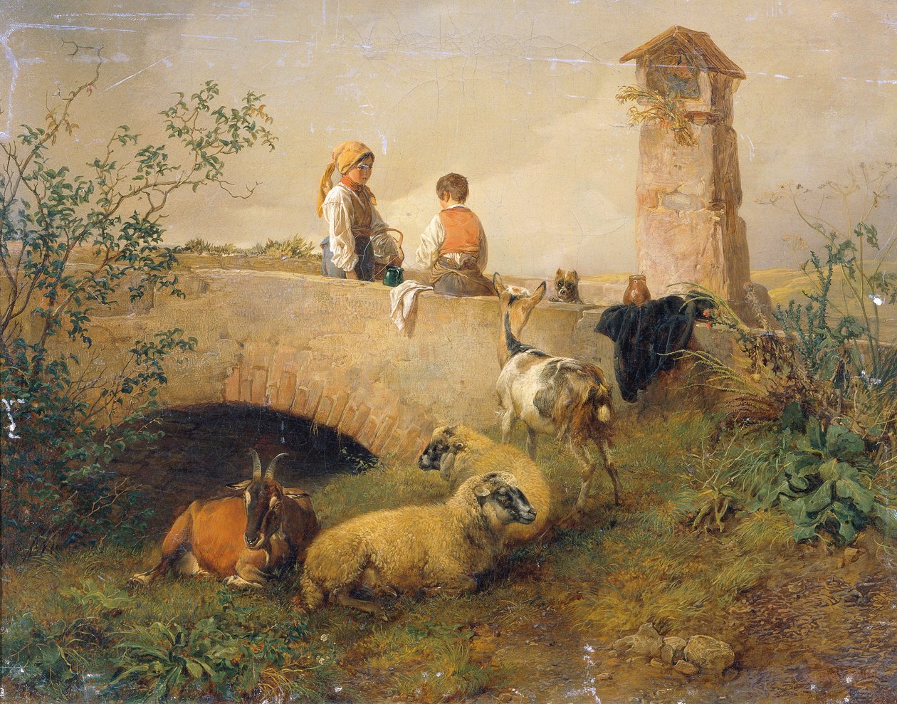 Fiú és lány juhokkal és kecskékkel alkotó: Leopold Brunner d. J.