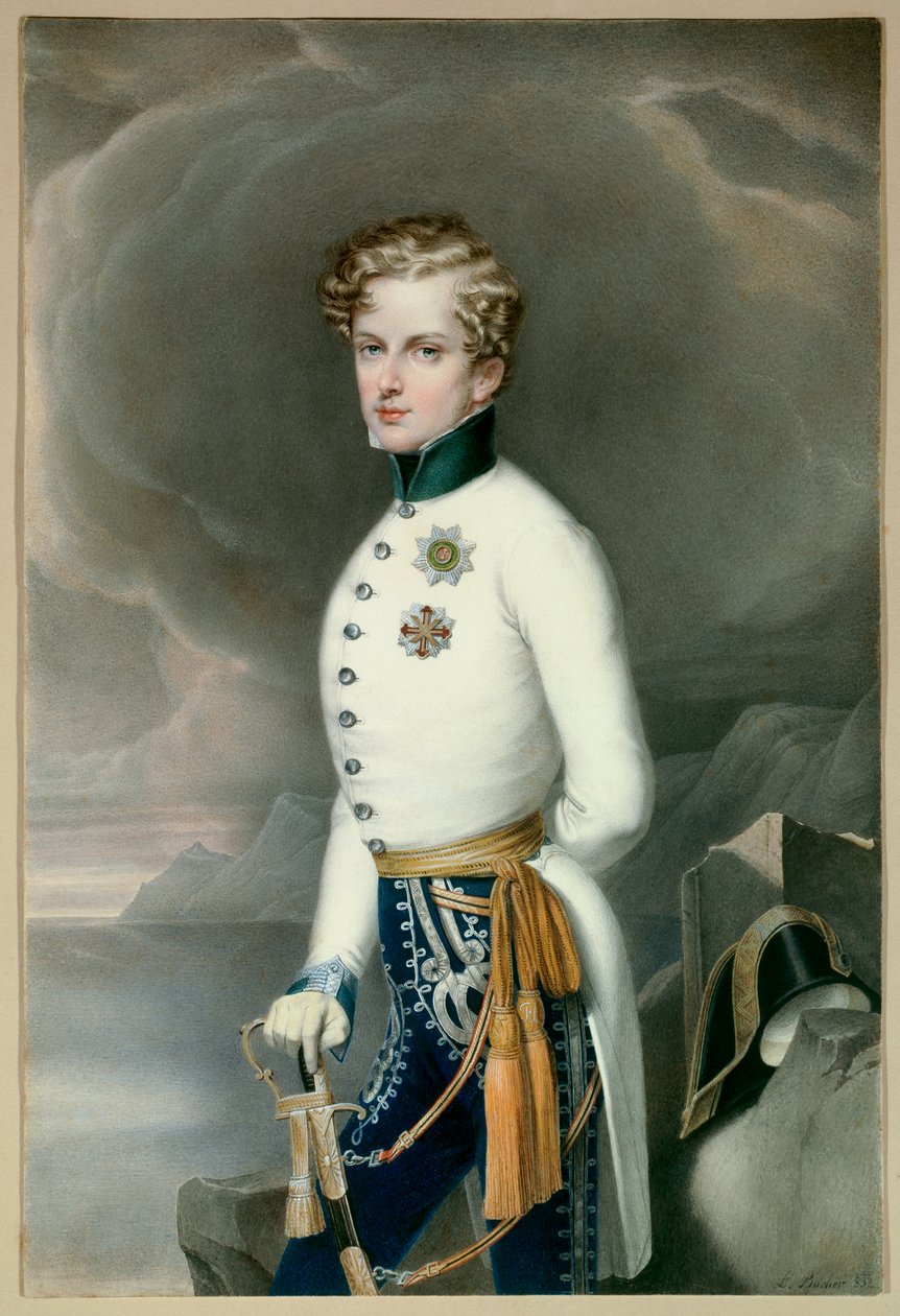 Róma királya és Párma hercege, II. Napóleon, Reichstadt hercege (1811-1832), I. Napóleon császár fia (1769-1821) egyenruhában, az ezred alezredeseként Gustave Wasa hercege. Leopold Bucher (1797-1832) metszete Homályos. 0,33x0,22 m Malmais alkotó: Leopold Bucher