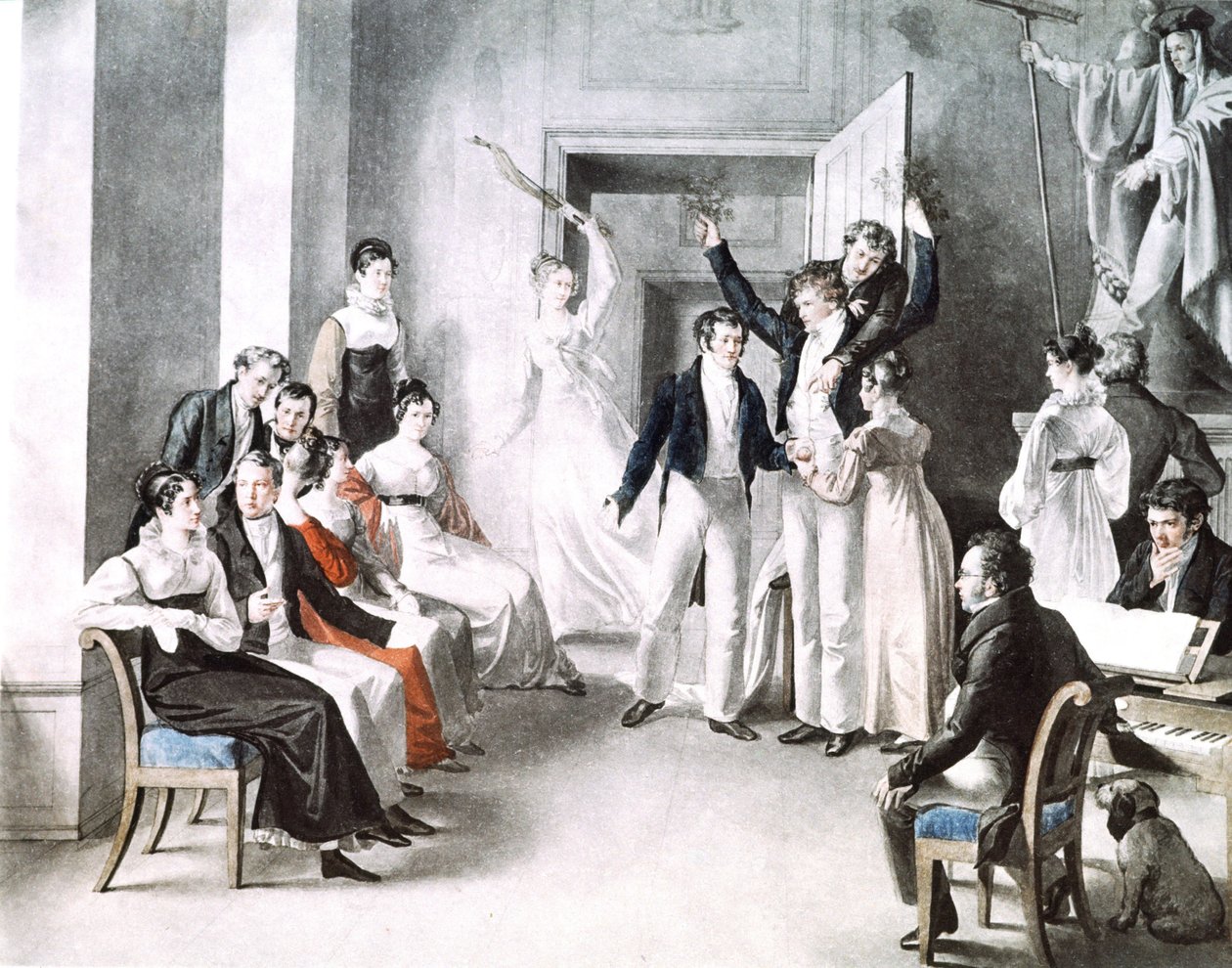 Schubertians zenés találkozója. Schubert a jobb oldali székben ül. Kupelniesen akvarellje alkotó: Leopold Kupelwieser