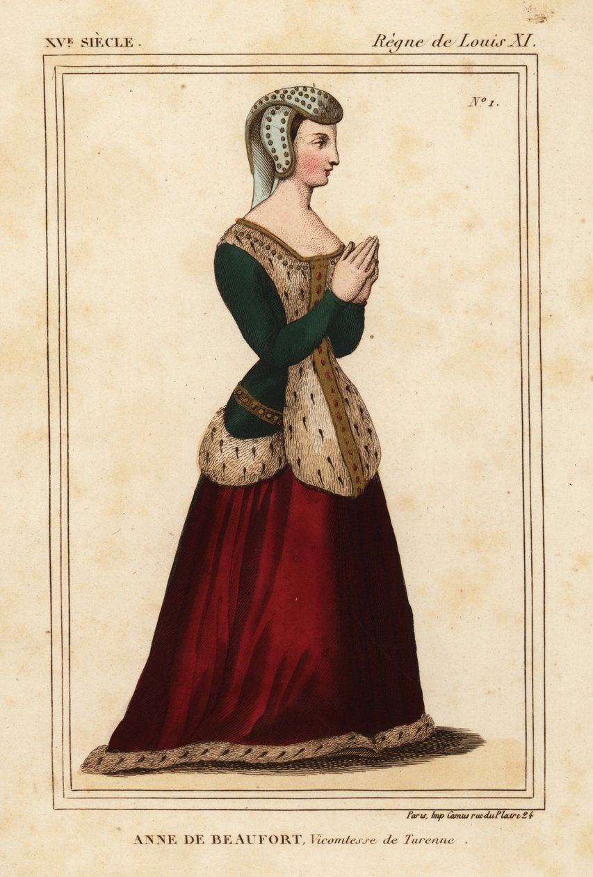 Anne Rogier de Beaufort, de Turenne Viccountess 1435-1479. Kézi színű litográfia a Cordelieres de Nantes-i templom rozsdamentes üvegablaka után Roger de Gaignieres portfóliójában VI 11 a Le Bibliophile Jacob aka Paul Lacroix Costumes Historiqu c. alkotó: Leopold Massard