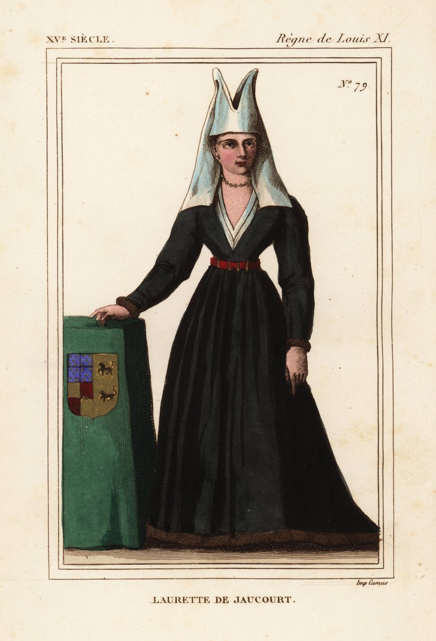 Jaucourt Lauretta, Chaugy Mihály felesége, Chissey lordja, Laurette de Jaucourt, Kézzel színezett litográfia Roger de Gaignieres tárcájának miniatúrája után VII 49 a Le Bibliophile Jacob aka Paul Lacroix Costumes Historique de la France (Histor) című művéb alkotó: Leopold Massard