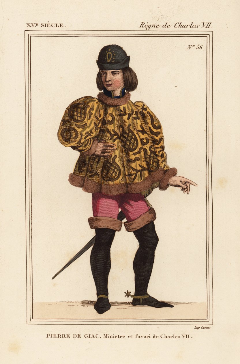 Pierre de Giac, Chamberlain to King Charles VII from 1377-1426. Executed by drowning at Dun-Le-Roi. He wears a short cassock with mahoitres sleeves, pink pantalons and boots with spurs. Handcoloured lithograph after a miniature in a manuscript Histoire du  alkotó: Leopold Massard