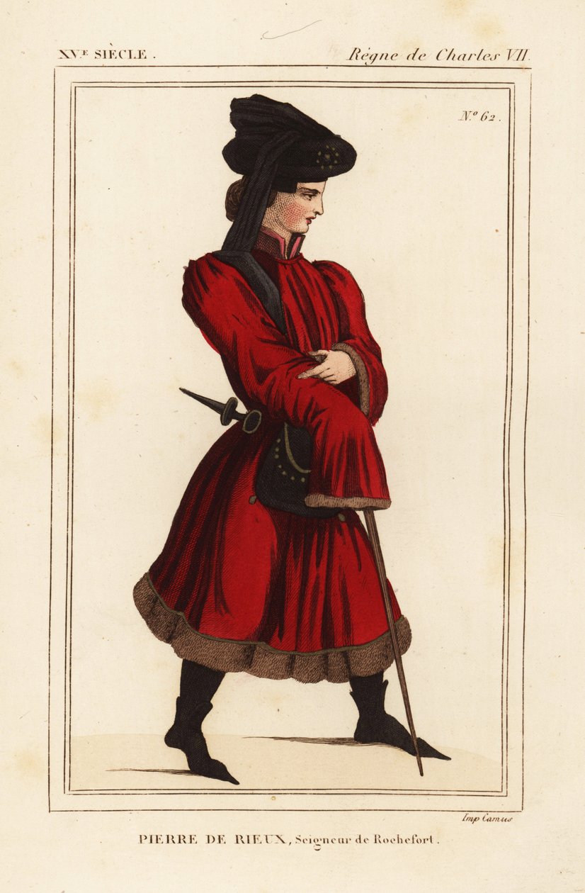 Pierre de Rieux, Rochefort ura 1389-1439. Kézi litográfia a Roger de Gaignieres portfólió VI 136. számú portréja után a Le Bibliophile Jacob alias Paul Lacroix Costumes Historique de la France (Franciaország történeti viseletei) című művéből, Administratio alkotó: Leopold Massard