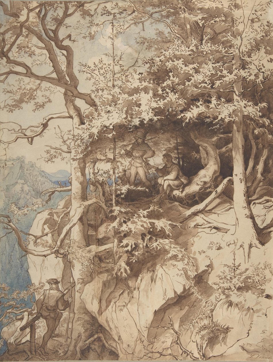 Vadászok kilátásban egy hegyen, kb. 1870. alkotó: Leopold Venus