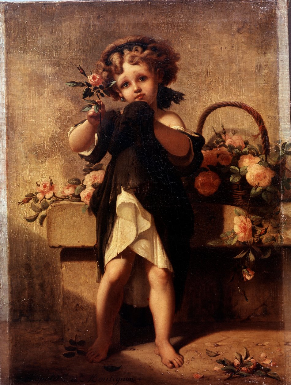 Rózsás kislány egészalakos portréja Leopold Moulignon (1821-1897) festménye 19. század. alkotó: Leopold de Moulignon