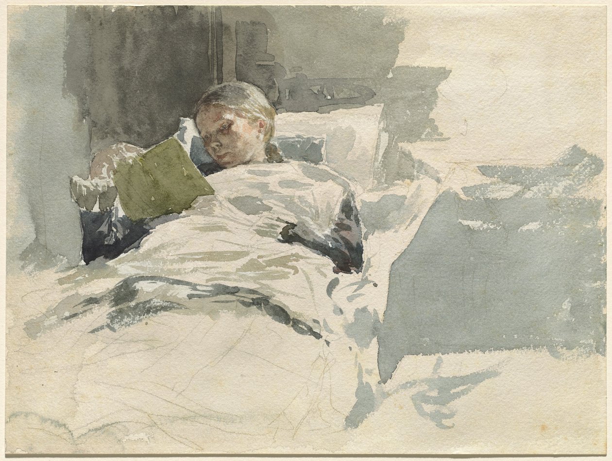 A művész felesége az ágyban olvas alkotó: Leopold von Kalckreuth