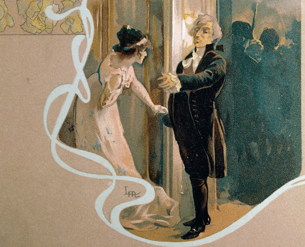Leopoldo Metlicovitz (1868-1944) illusztrált képeslapja, amely a Tosca jelenetét ábrázolja, Giacomo Puccini (1858-1924) operája alkotó: Leopoldo Metlicovitz
