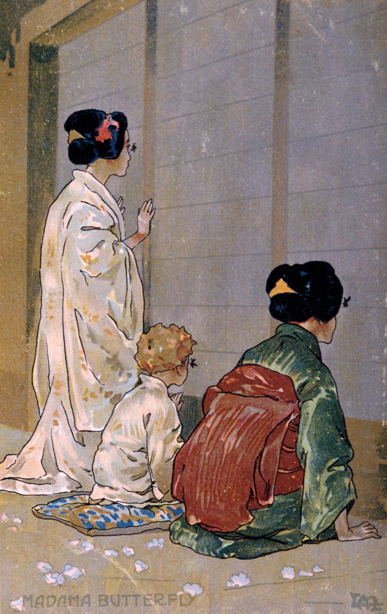 Képeslap, amely a "Madame Butterfly" premierjére készült, Bresciában alkotó: Leopoldo Metlicovitz
