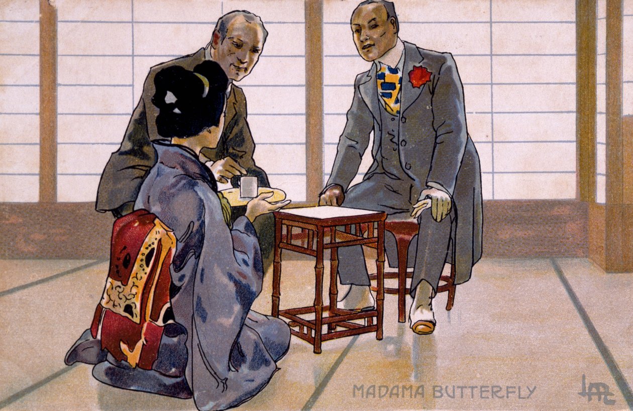 Képeslap, amely a "Madame Butterfly" premierjére készült, Bresciában alkotó: Leopoldo Metlicovitz