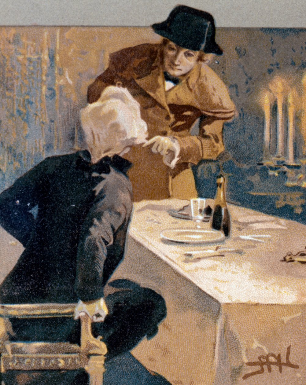 Leopoldo Metlicovitz (1868-1944) által illusztrált képeslap, amely a Tosca jeleneteit ábrázolja, Giacomo Puccini (1858-1924) operája alkotó: Leopoldo Metlicovitz