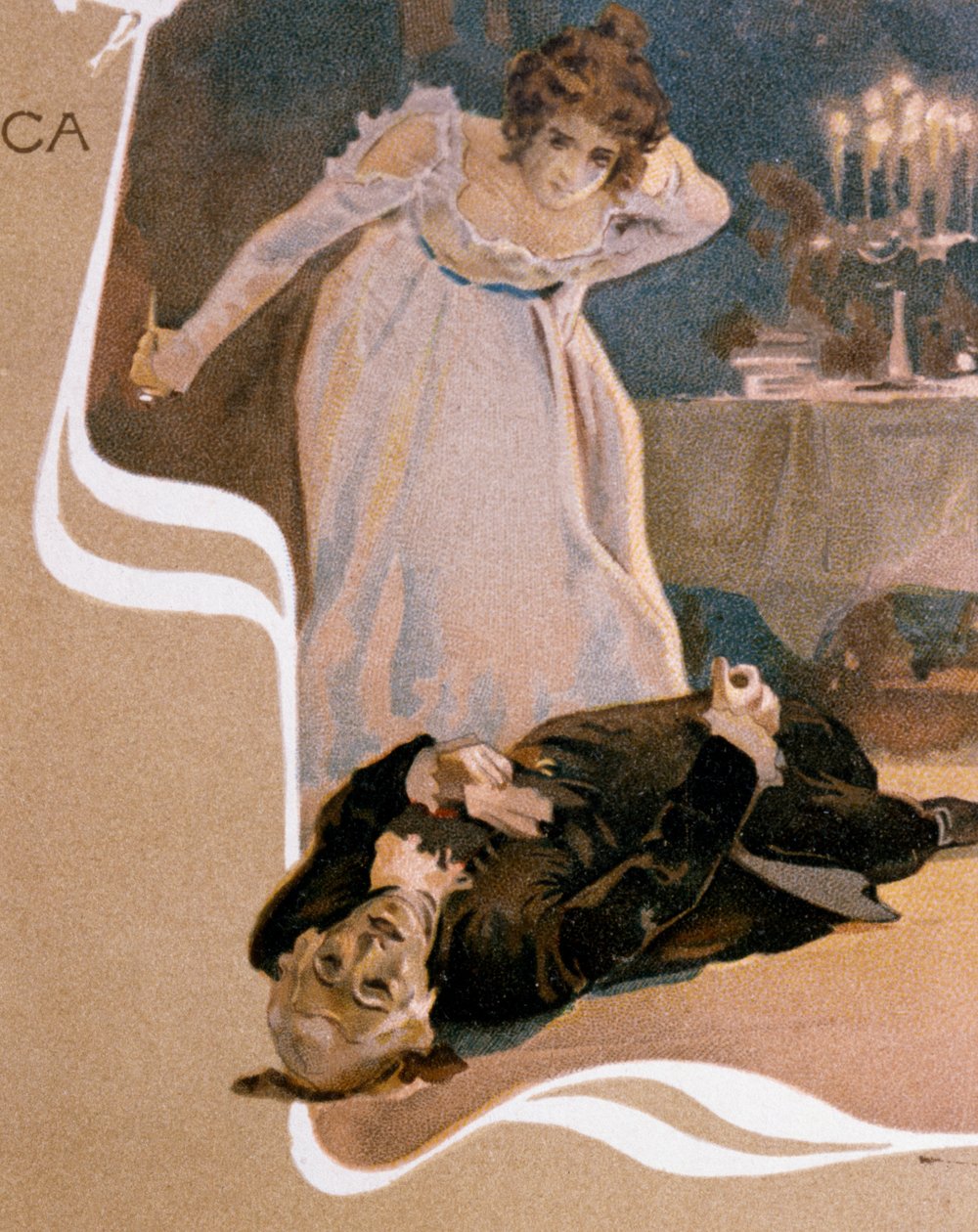 Leopoldo Metlicovitz (1868-1944) által illusztrált képeslap, amely a Tosca jeleneteit ábrázolja, Giacomo Puccini (1858-1924) operája alkotó: Leopoldo Metlicovitz