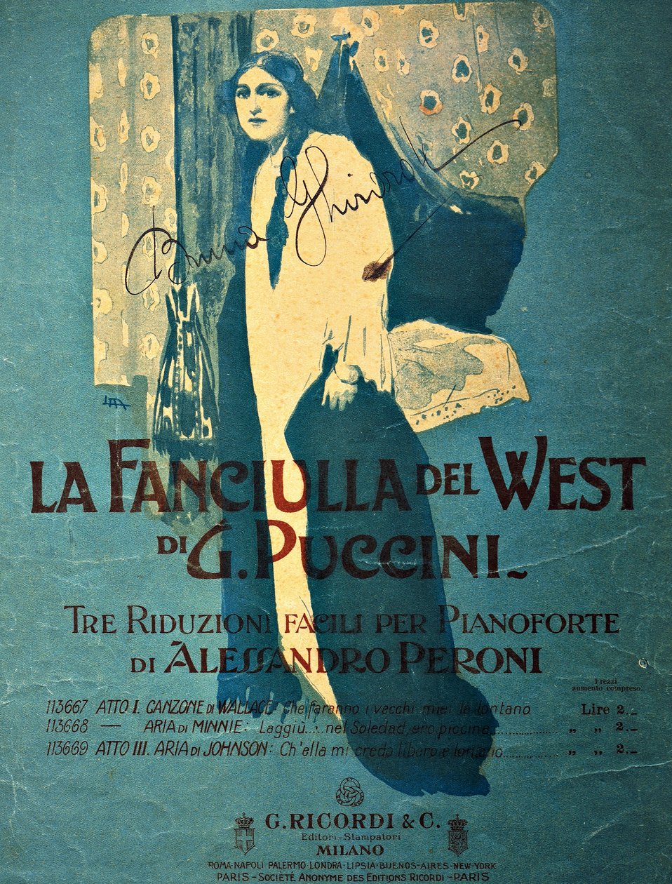 Leopoldo Metlicovitz (1868-1944) címlapja Alessandro Peroni zongoraredukciójáról, a La fanciulla del West (Az aranynyugat lánya) című operájához, Giacomo Puccini (1858-1924) alkotó: Leopoldo Metlicovitz