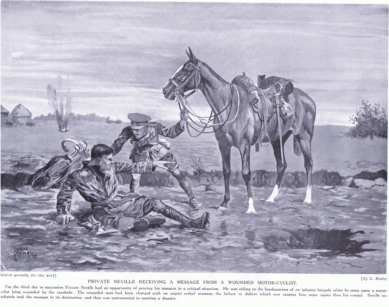 Neville közlegény üzenetet kap egy sebesült motorkerékpárostól Ypres 1914 októbere alkotó: Leslie Mosley