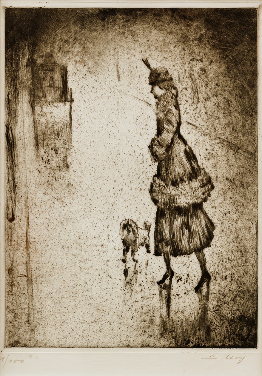 Hölgy uszkárral egy nedves utcán (kabin balra) alkotó: Lesser Ury