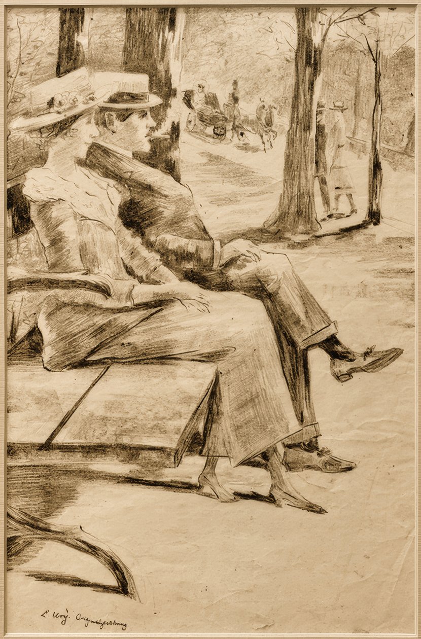 Hölgy és dohányzó úriember egy padon az állatkertben alkotó: Lesser Ury