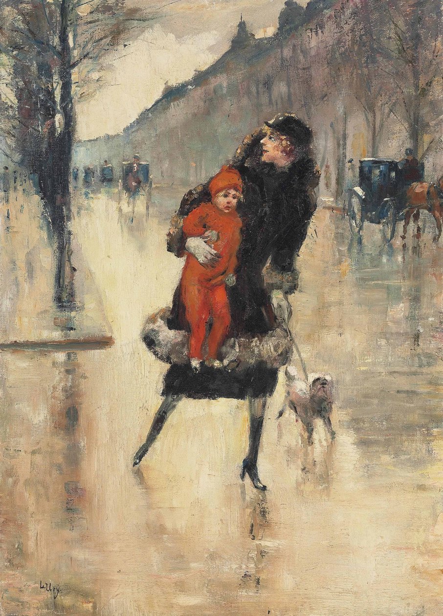 Anya és gyermeke egy utcai kereszteződésben alkotó: Lesser Ury
