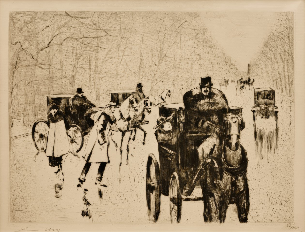 Téli Tiergarten sugárút lovaskocsikkal alkotó: Lesser Ury