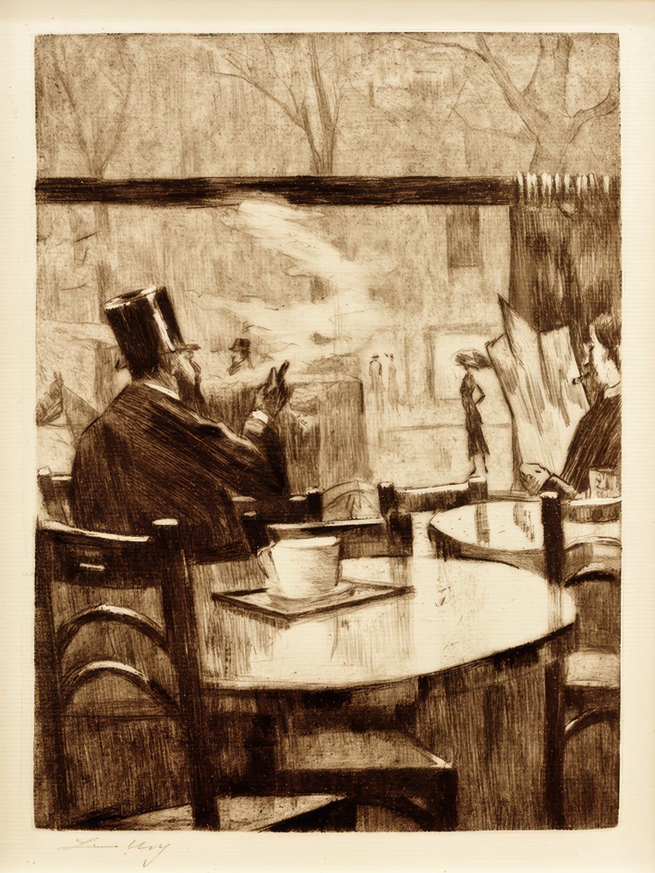 Cilinderes úriember egy kávéház ablaka előtt - Hátulnézetben alkotó: Lesser Ury