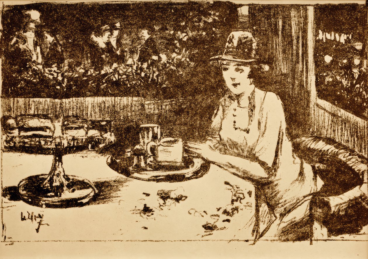 A kávéházban. Hölgy az asztalnál a verandán alkotó: Lesser Ury