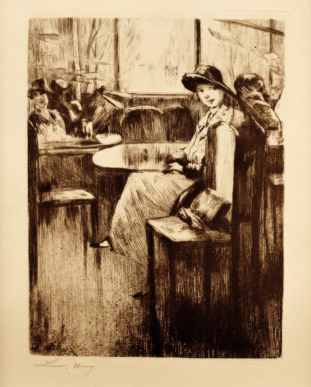 Fiatal lány a kávézóban utcára néző kilátással alkotó: Lesser Ury