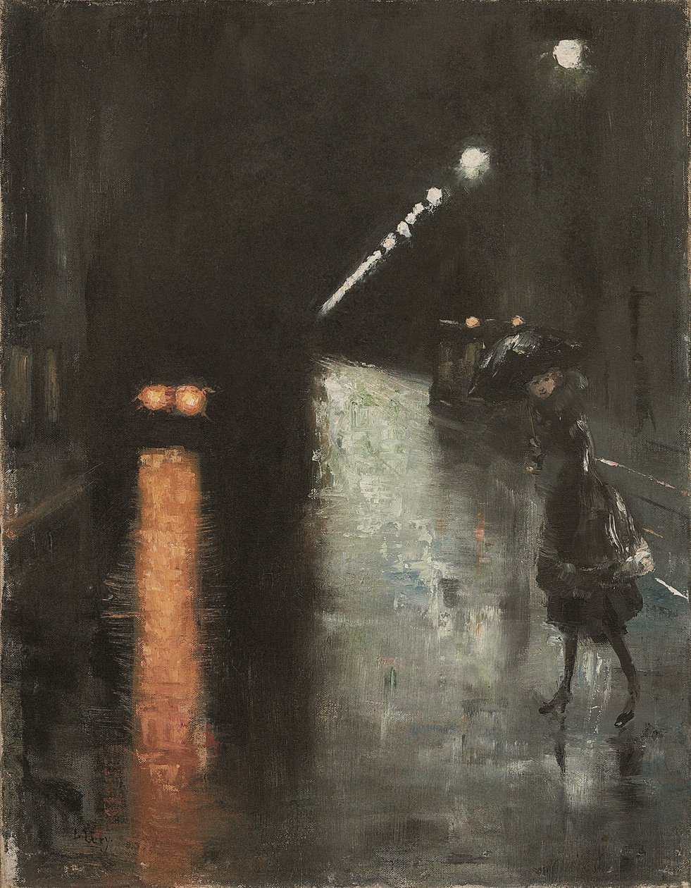 Éjszakai utcakép, Berlin (Leipziger Strasse?), 1920 körül (olaj, vászon) alkotó: Lesser Ury