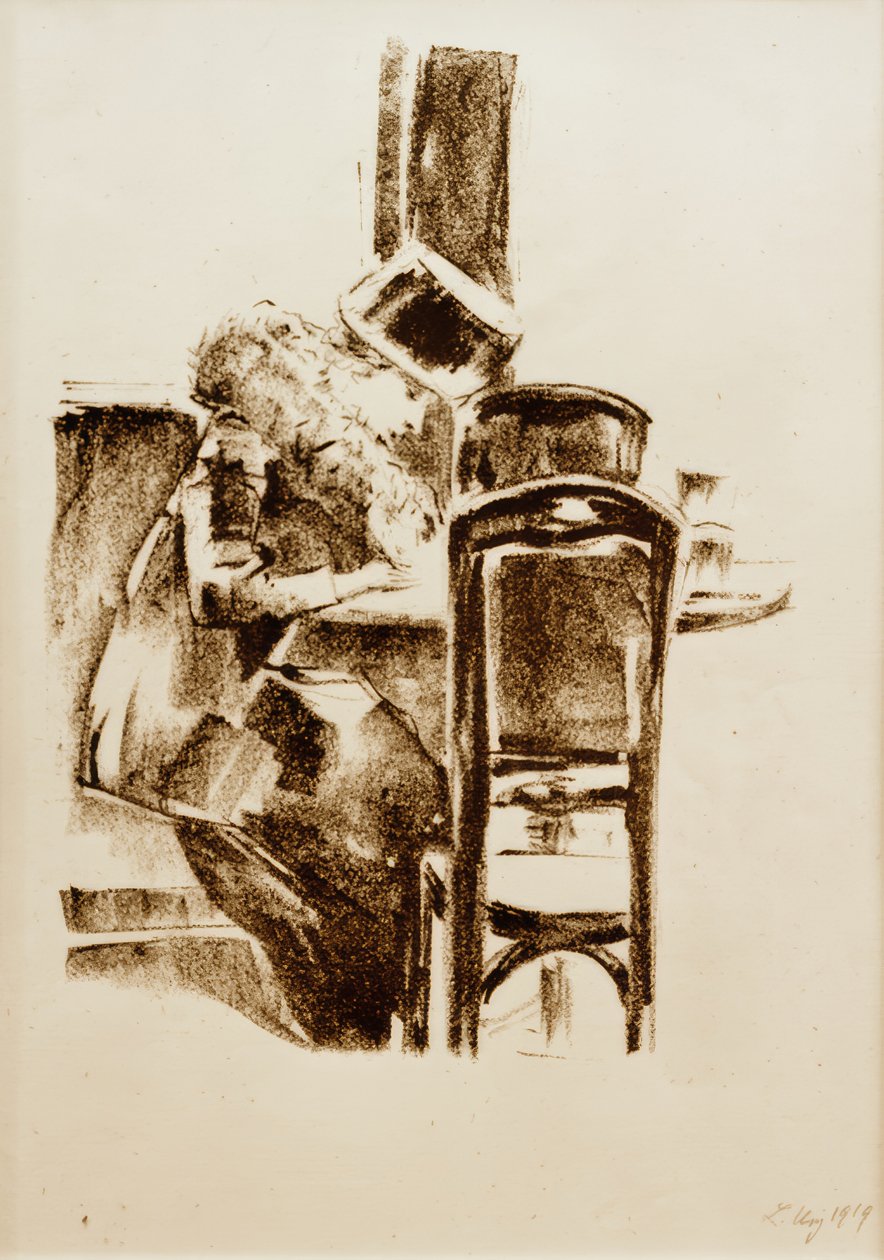 Író hölgy kalappal és boával a kávézóban alkotó: Lesser Ury