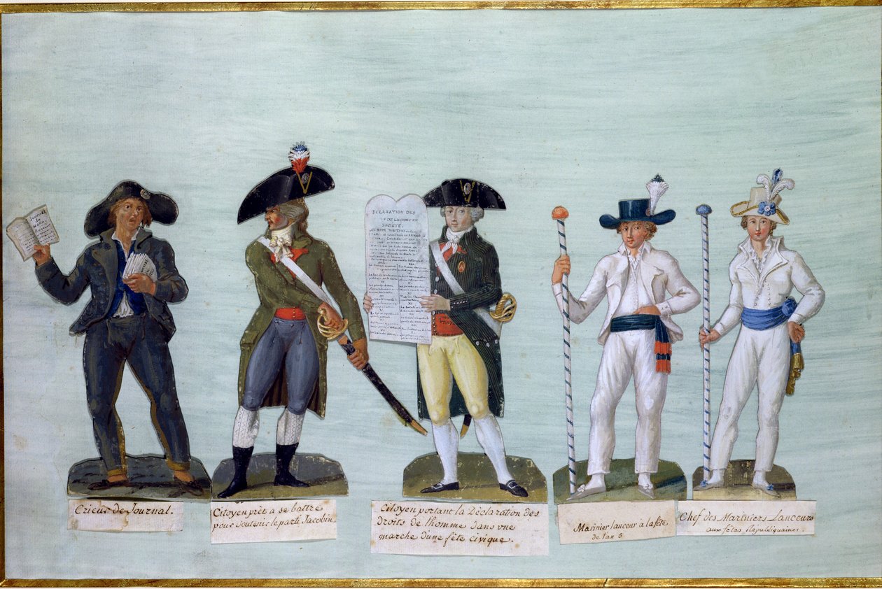 Egy újságárus, egy harcra kész polgár, egy polgár, aki az emberi jogok nyilatkozatát hordozó polgár és két uszály (gouache a kártyán) alkotó: Lesueur Brothers