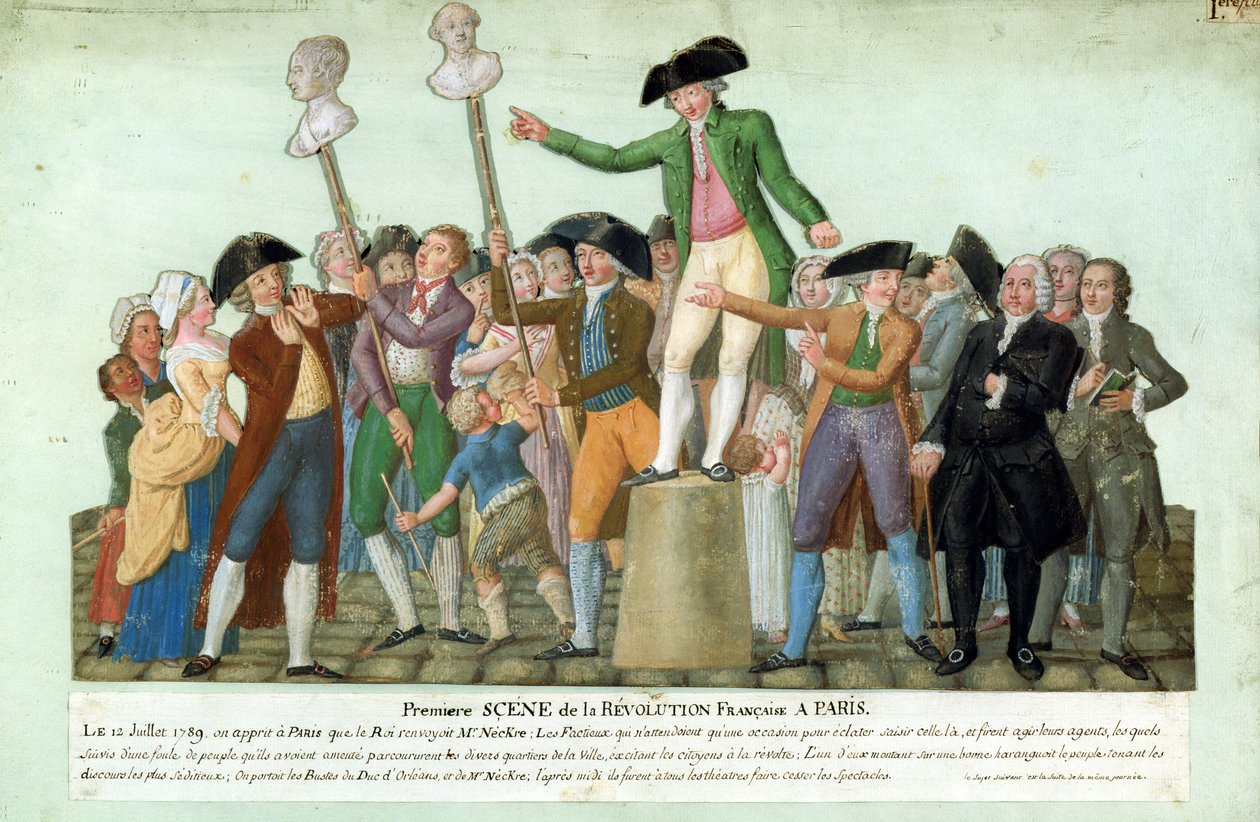 A francia forradalom kezdete, 1789. július 12., Párizs (gouache a kártyán) alkotó: Lesueur Brothers