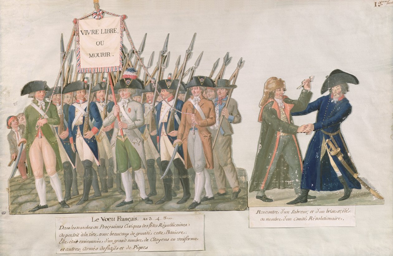 A francia fogadalom „Éljen a szabadság vagy meghal”; egy kardforgató és a forradalmi bizottság tagjának találkozója, 1789-92 körül (guache a kártyán) alkotó: Lesueur Brothers