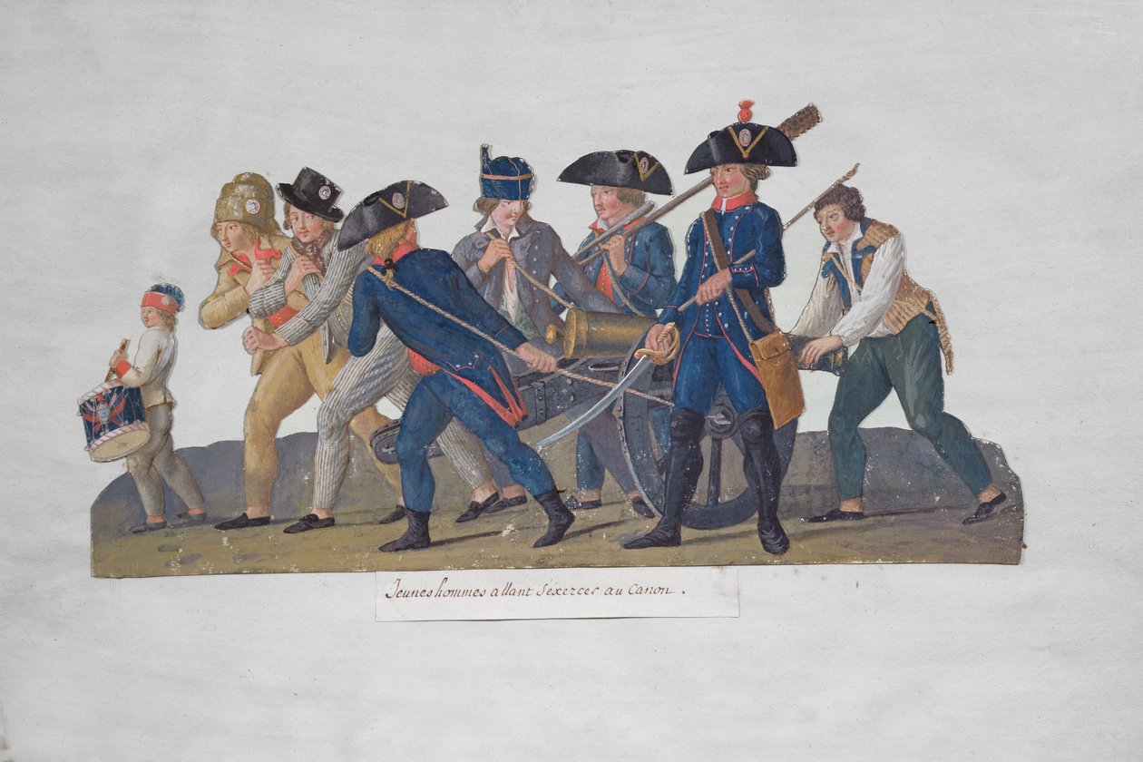 Fiatal férfiak gyakorlásra az ágyú használatával, 1789 körül alkotó: Lesueur Brothers