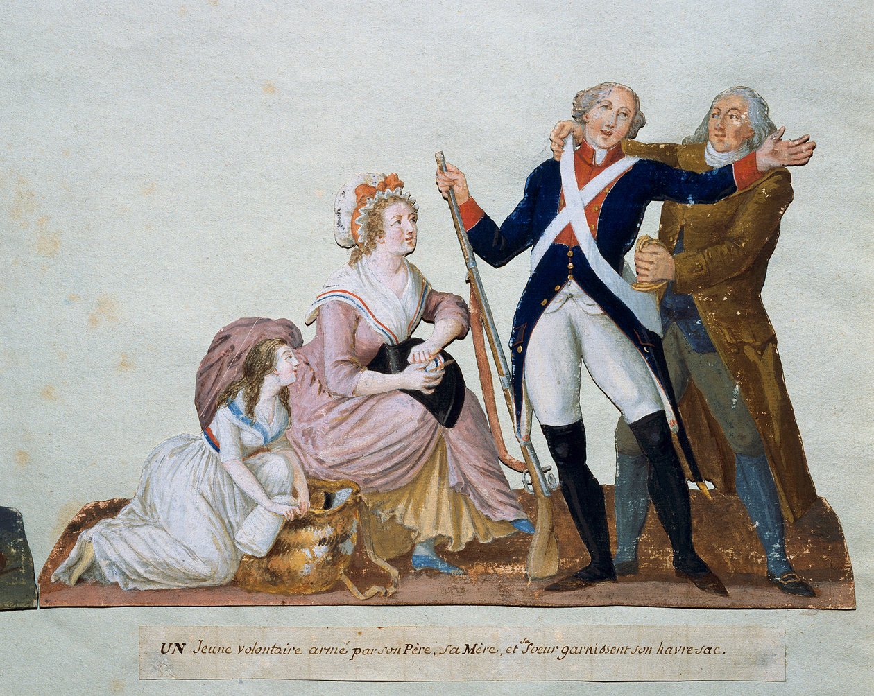 A hadseregbe távozó önkéntes körülveszi apját, anyját és húgát, a Lesueur testvérek Gouache-ját (18. század) 18. század. Párizs. Carnavalet Múzeum alkotó: Lesueur Brothers