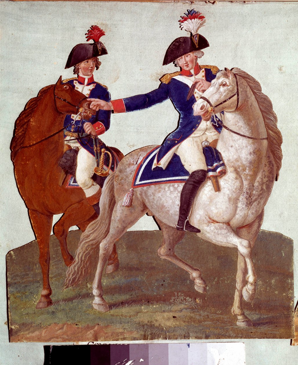 A párizsi hadsereg parancsnoka, aki parancsokat ad a segédjének: katonák ábrázolása az 1789-es forradalom idején. A Lesueur testvérek gouache-ja. 18. század. Musee Carnavalet, Párizs alkotó: Lesueur Brothers