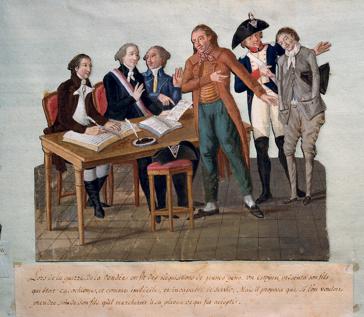 Igényes fiatalemberek a Vendee-háborúhoz (egy apa megmutatja, hogy fia képtelen a szolgálatra, és átveszi a helyét). A Lesueur testvérek metszete (XVIII. század). Párizs, Musee Carnavalet alkotó: Lesueur Brothers