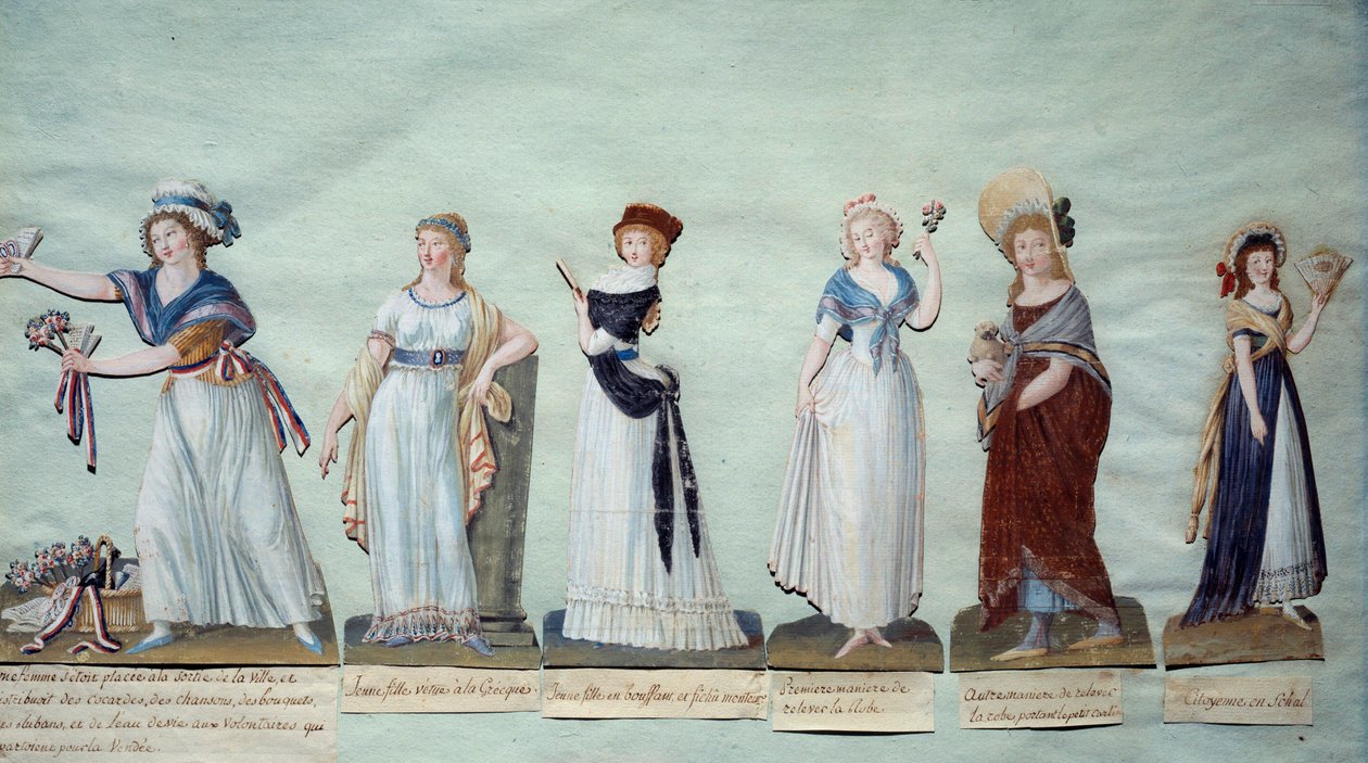 Különböző fiatal nők, akik a női divatot képviselték a forradalom idején. Gouache des freres Lesueur (18. század) Párizs, Musee Carnavalet alkotó: Lesueur Brothers
